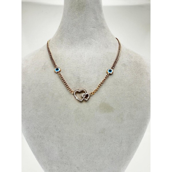 Bronz Çift Kalpli Nazar Boncuklu Kolye